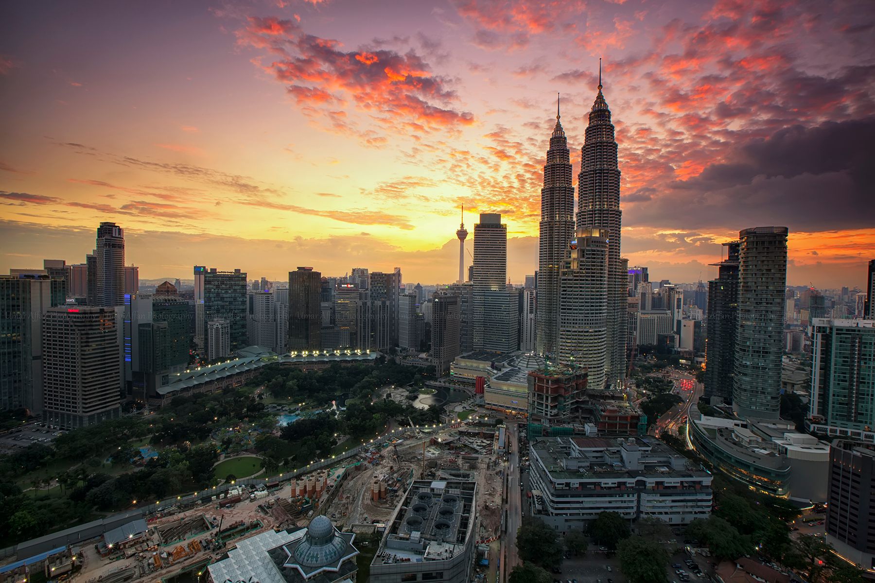 Kuala Lumpur skyline with the Petronas Twin Towers at sunset