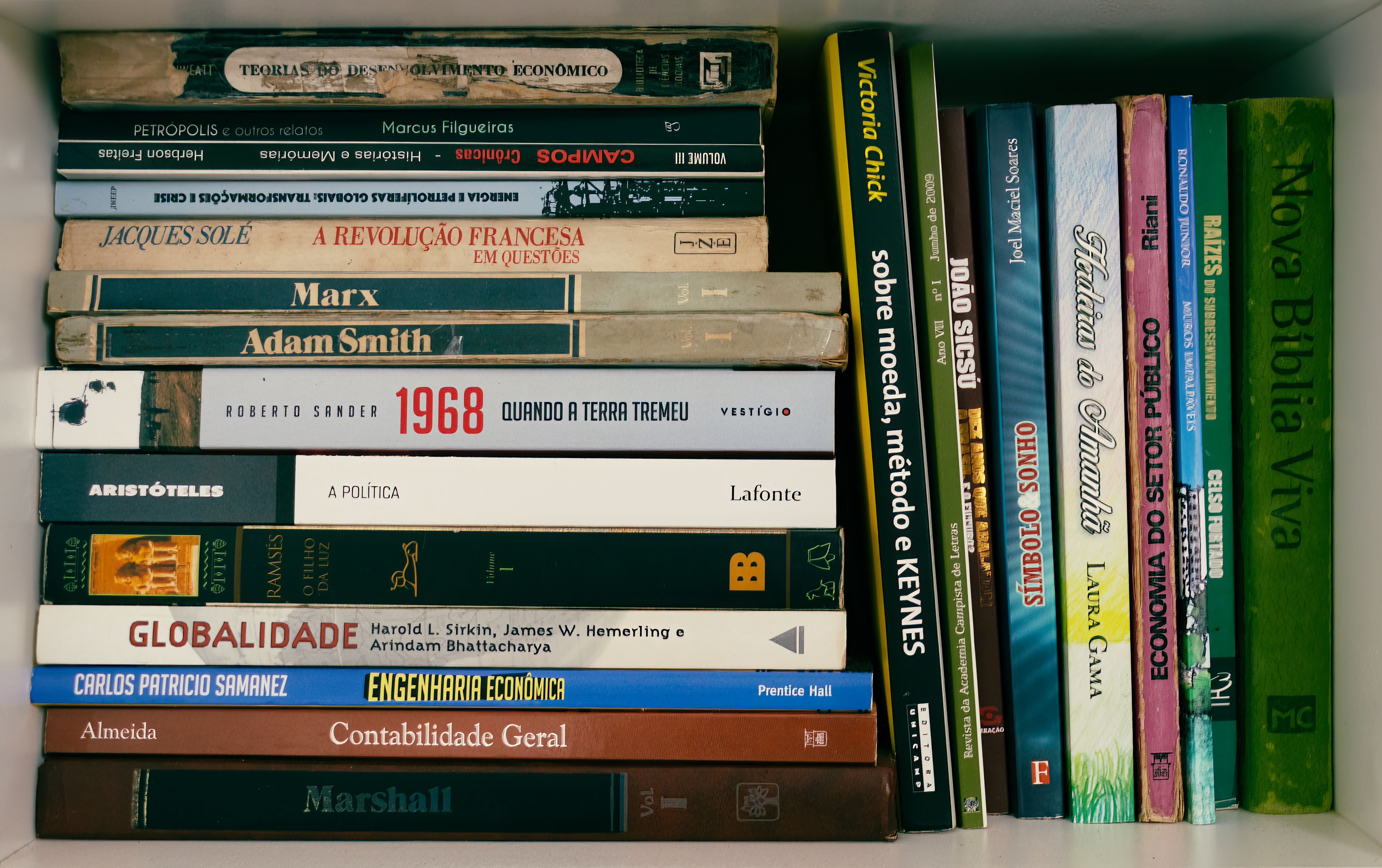 Bookshelf of politics, economics, and history books for explaining political scandals
